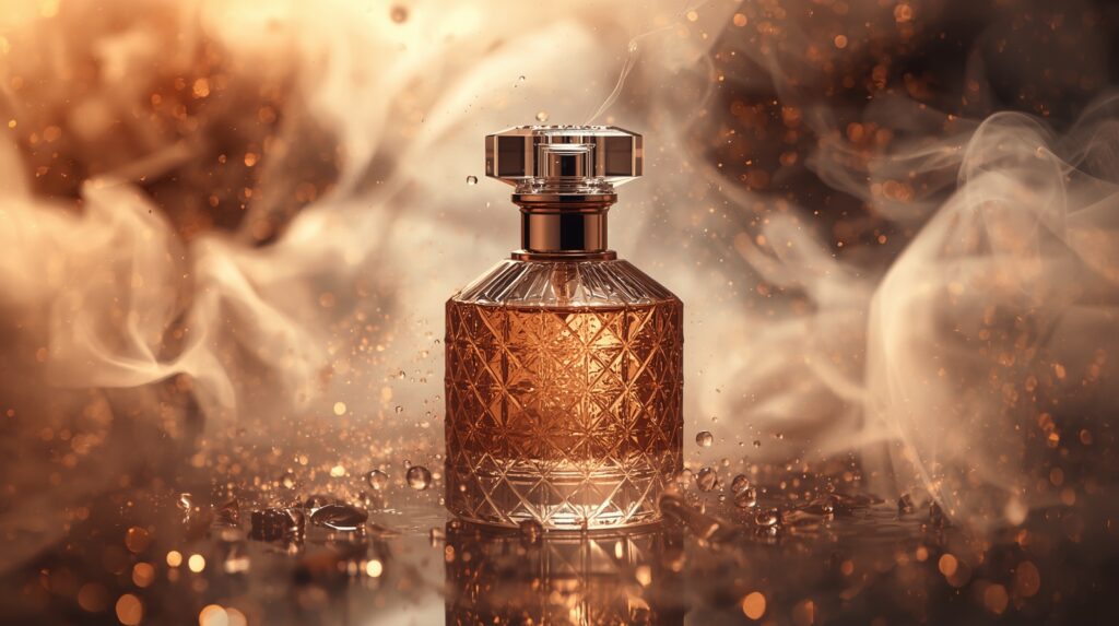Makroaufnahme eines luxuriösen Parfümflakons, umgeben von sanft schwebendem Rauch und feinen, schimmernden Partikeln in der Luft. Warmes Licht reflektiert auf dem facettierten Glas, während der unscharfe Hintergrund mit abstrakten Blumenformen und goldenen Highlights eine sinnliche, elegante Atmosphäre erzeugt